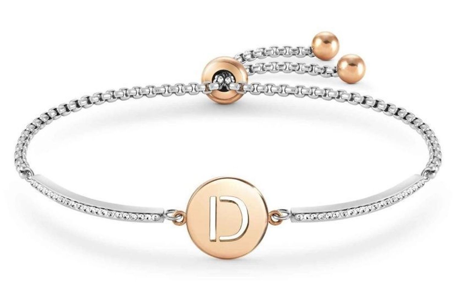 Bransoletka Nomination Italy z kolekcji Milleluci Letters. Wykonana ze stali szlachetnej, zdobiona mieniącymi się, błyszczącymi cyrkoniami pave oraz zawieszką z literą D w kolorze różowego złota..jpg